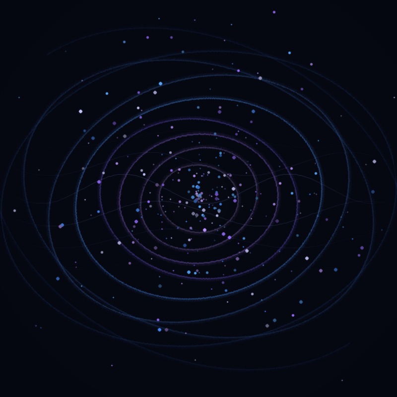 audio reactive: four touchdesigner audio-reactive visual systems, abstract particle orbits and waveforms in blue and purple