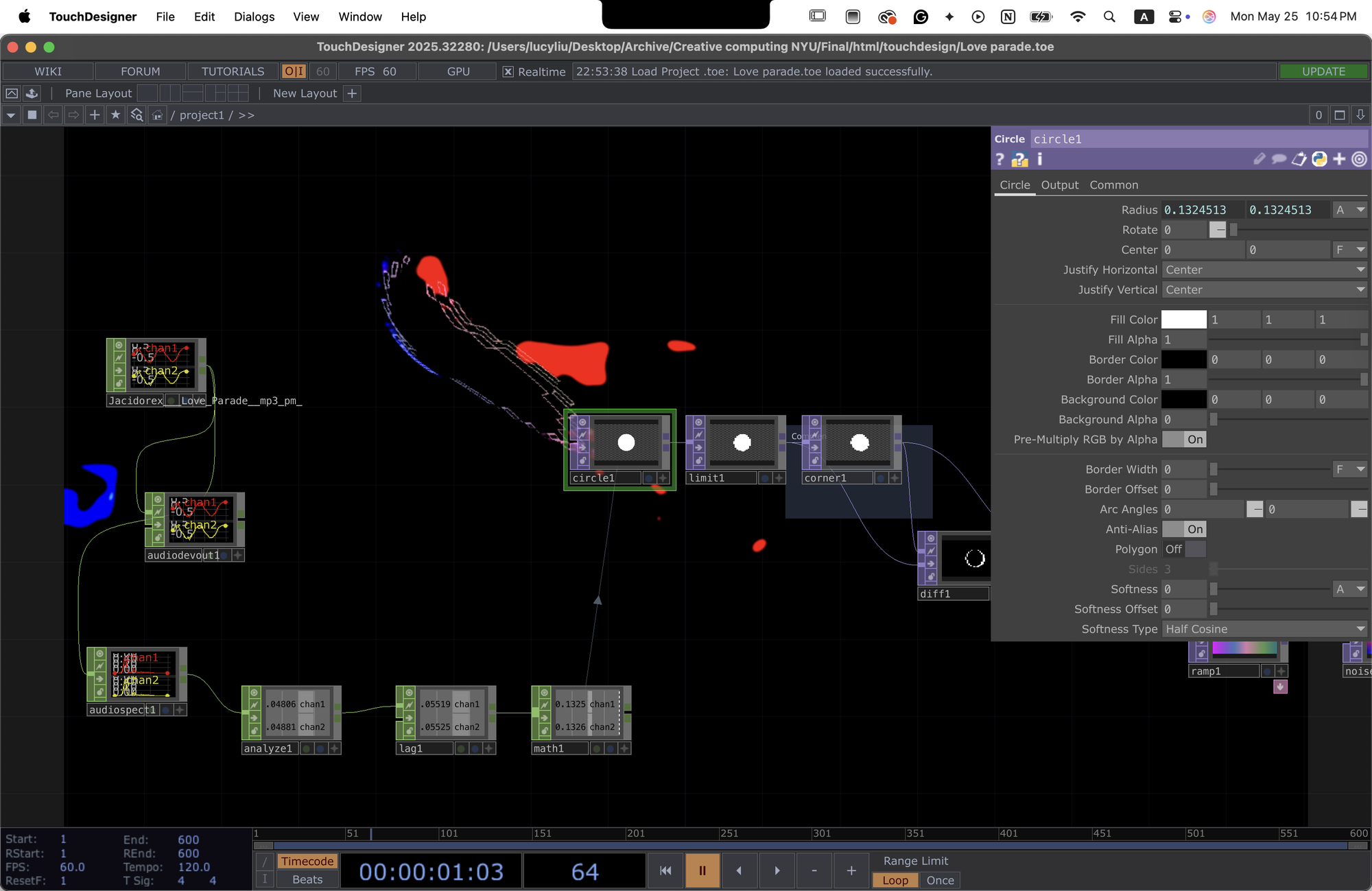 touchdesigner network for love parade: circle TOP radius wired to audio spectrum through audiospect, analyze, lag, and math remap