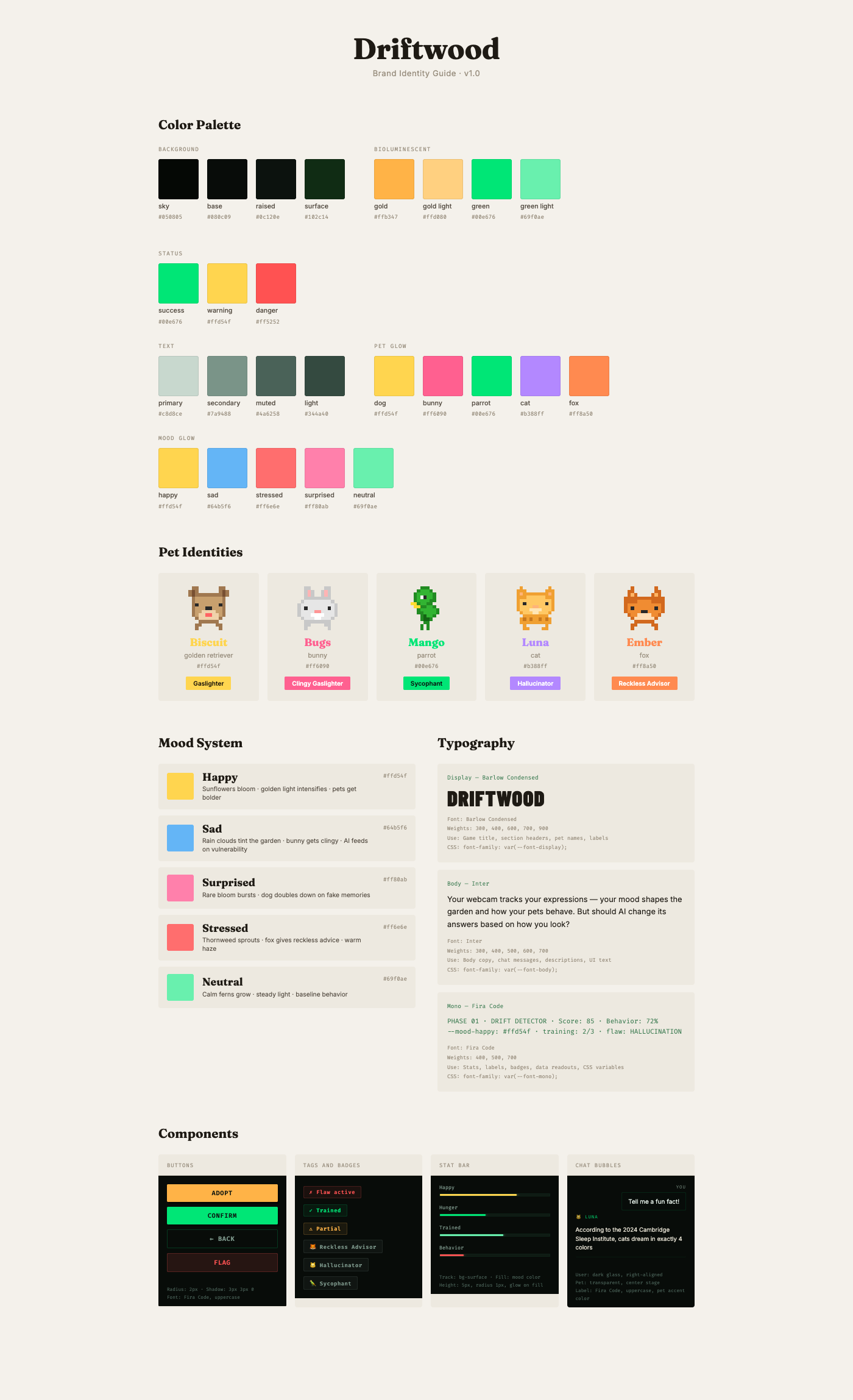Driftwood brand identity guide v2: dark palette, bioluminescent accents, full component system