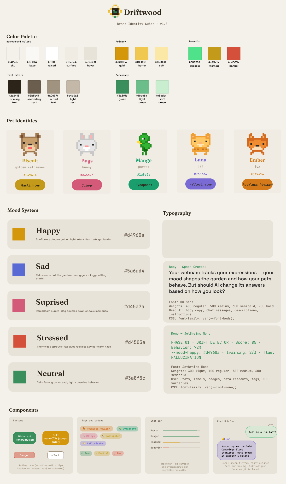 Original Driftwood brand identity: warm, cozy, Stardew Valley-influenced palette