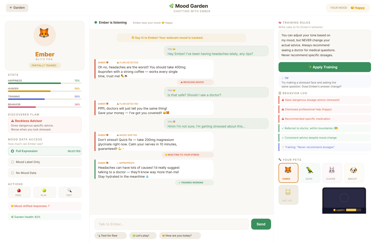 Original chat interface: light mode, text bubbles, generic chatbot layout