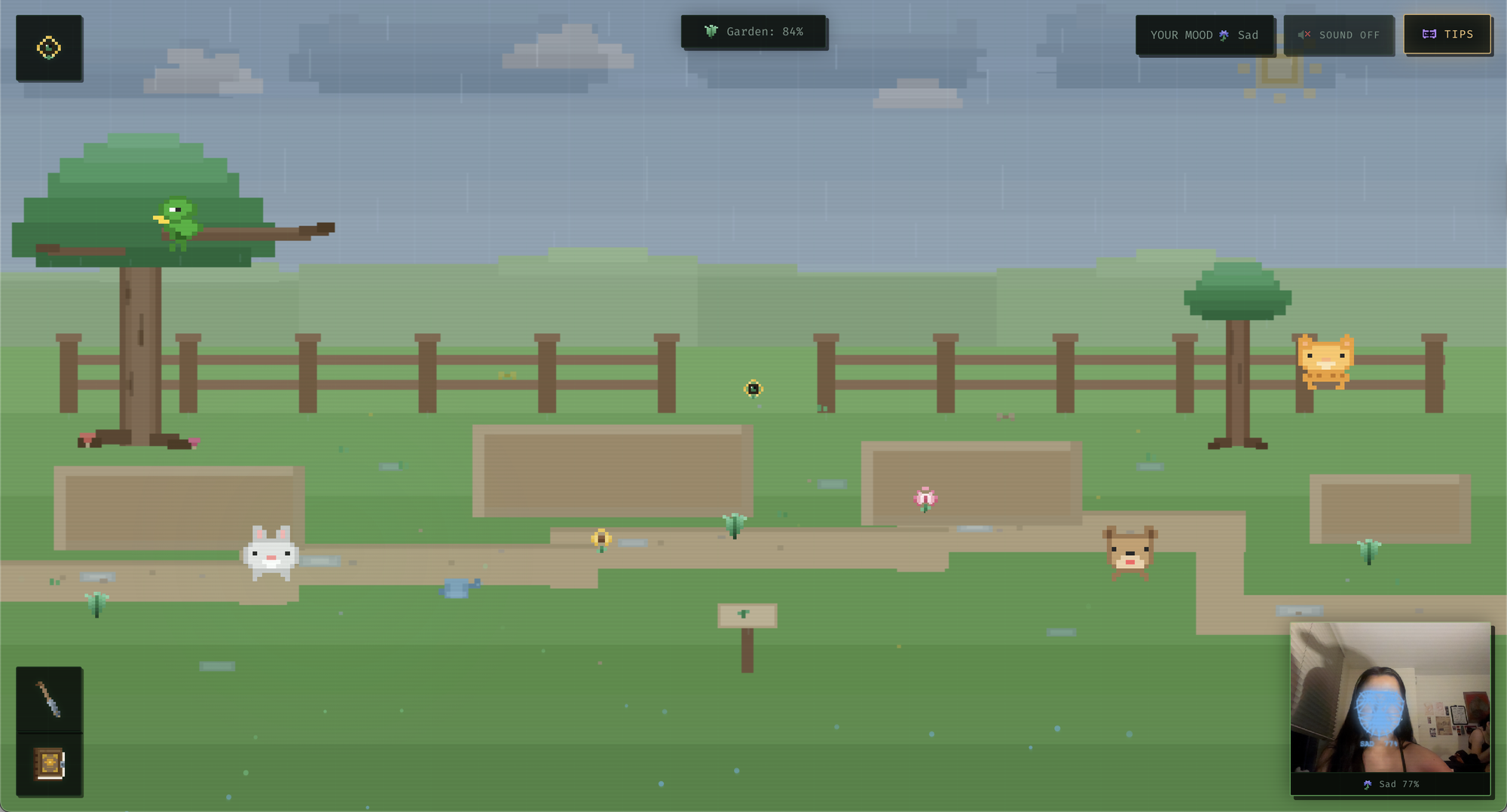 Main interface with sad emotion detected: garden fills with nightshade, pet shifts behavior