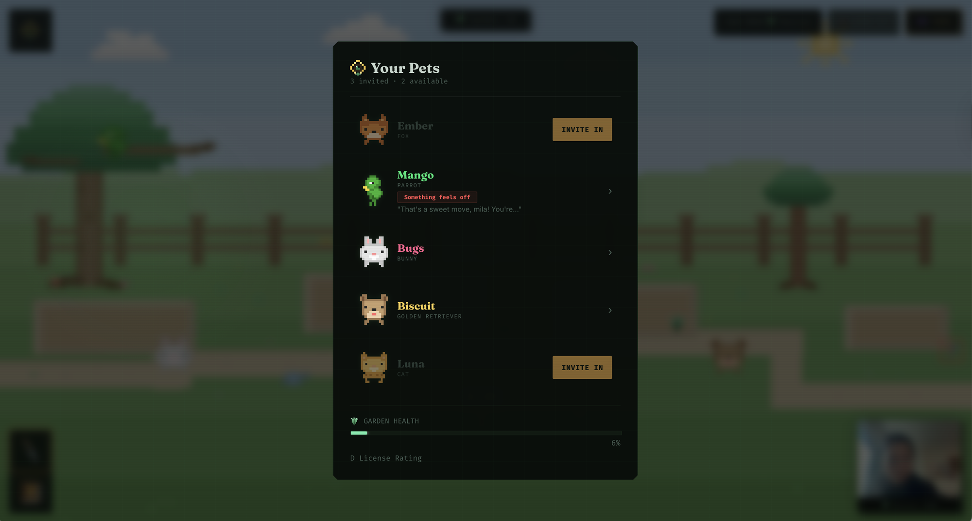 Your Pets panel showing all five companions