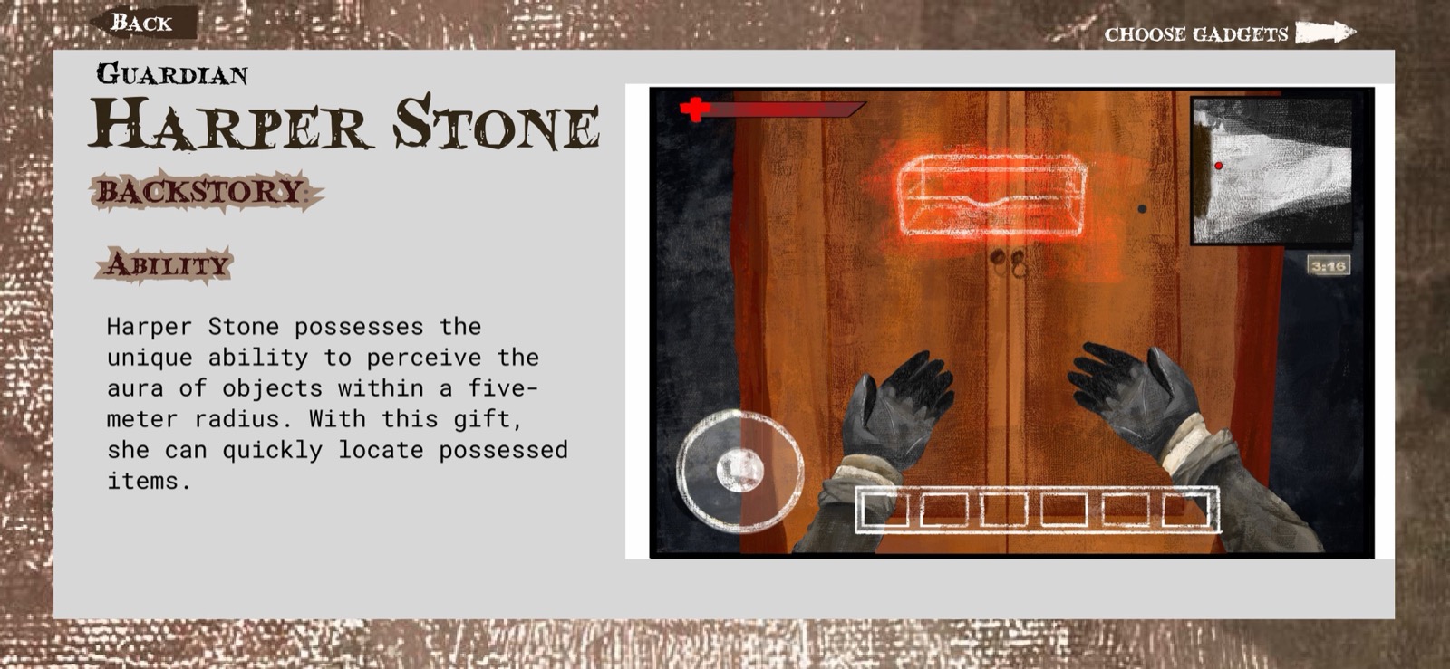 Harper Stone ability: perceive aura of objects within five-meter radius