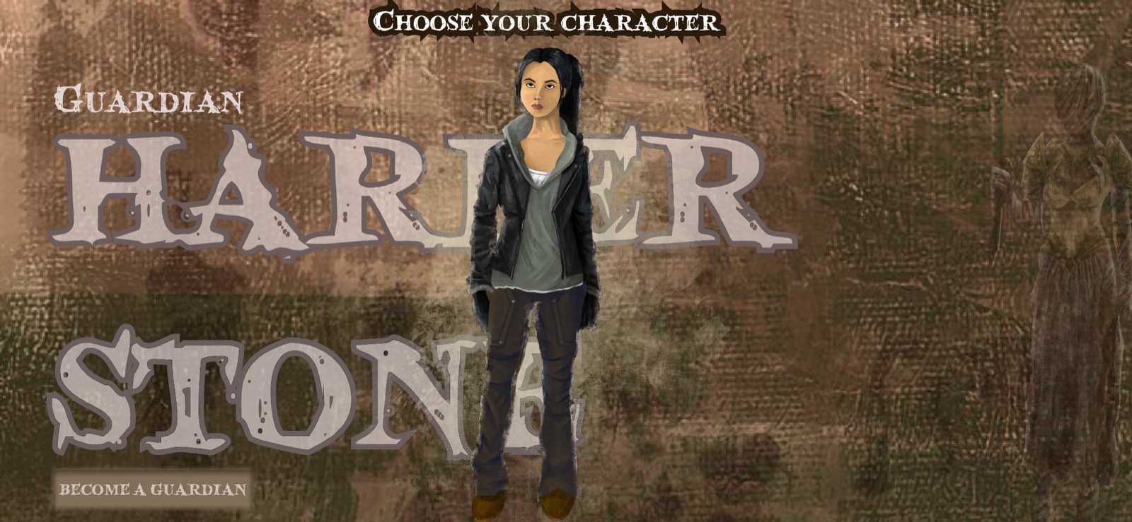 Harper Stone Guardian character select screen with backstory and gadget loadout entry