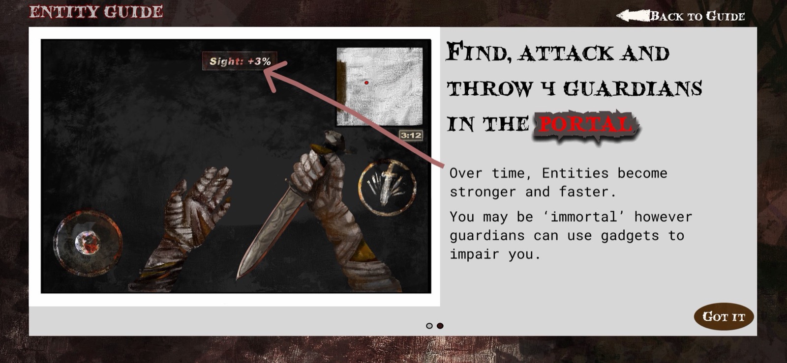 Entity Guide: find, attack, and throw all 4 Guardians into the portal to win; entities grow stronger over time