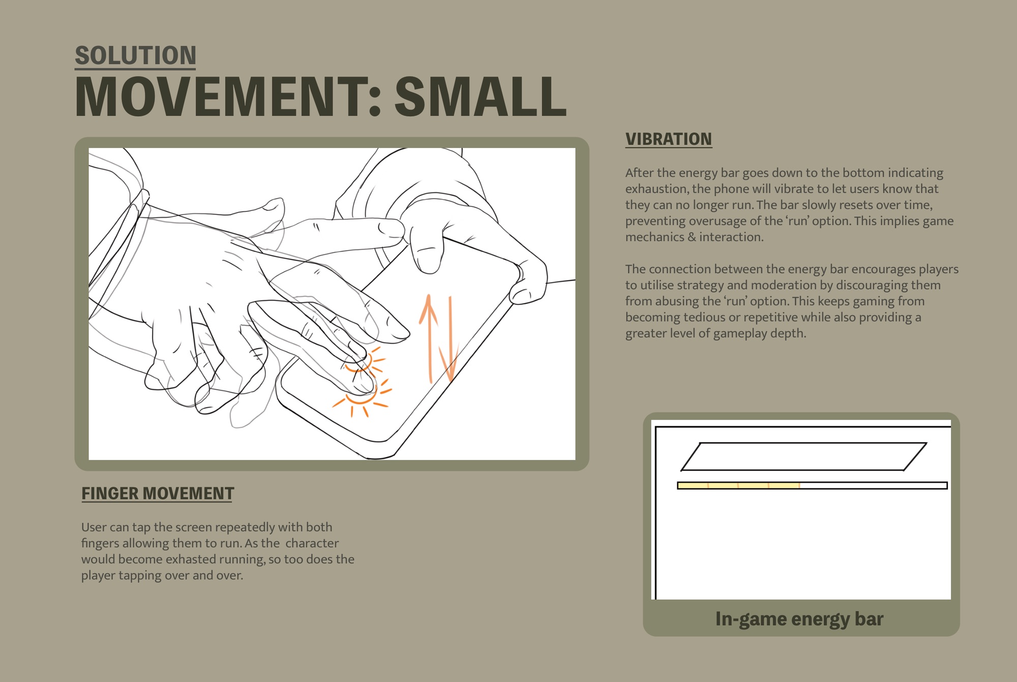 Vibration and tap mechanics — energy bar depletes as fingers tire, phone vibrates at exhaustion