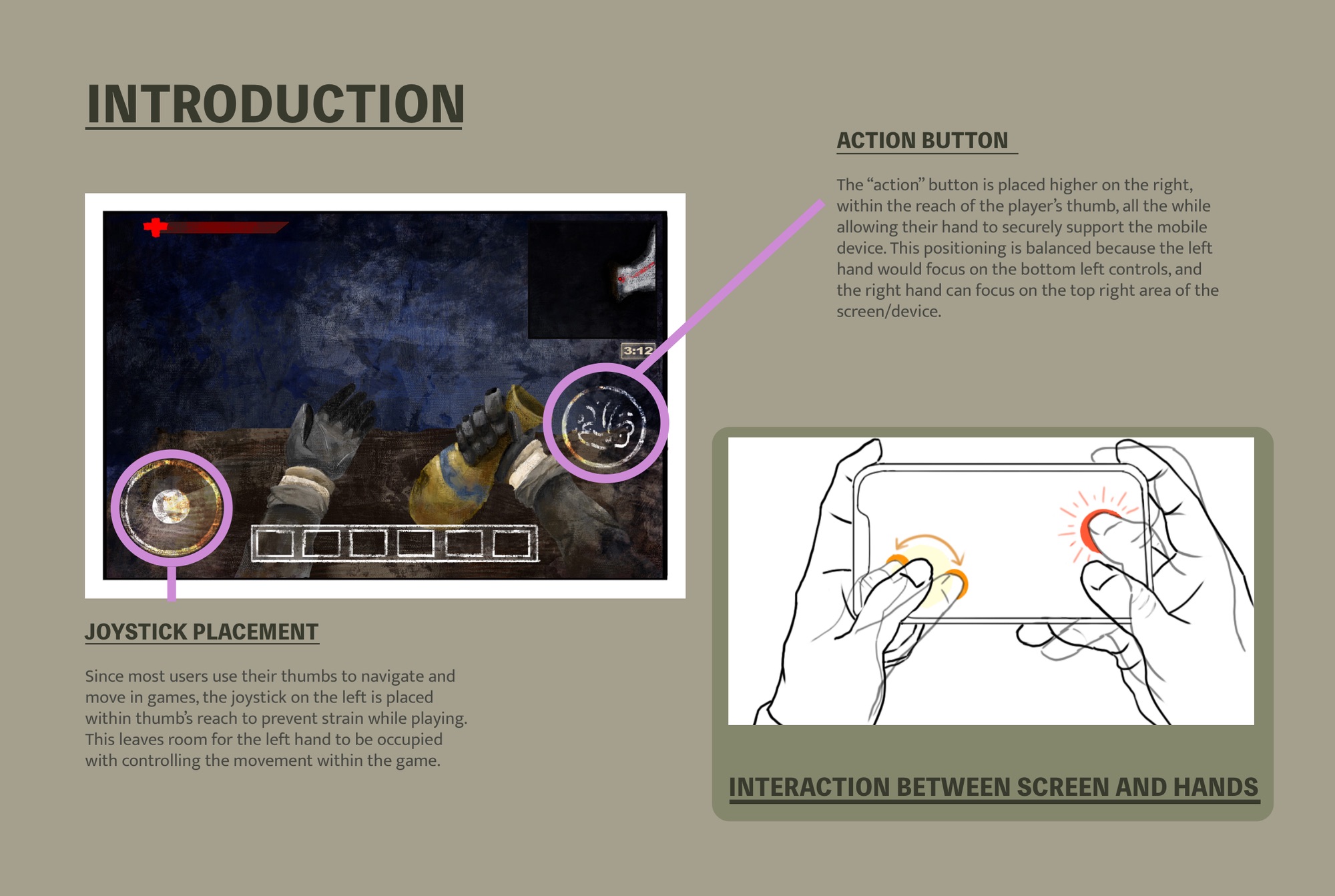 Control layout: joystick bottom-left for movement, action button top-right for thumb reach