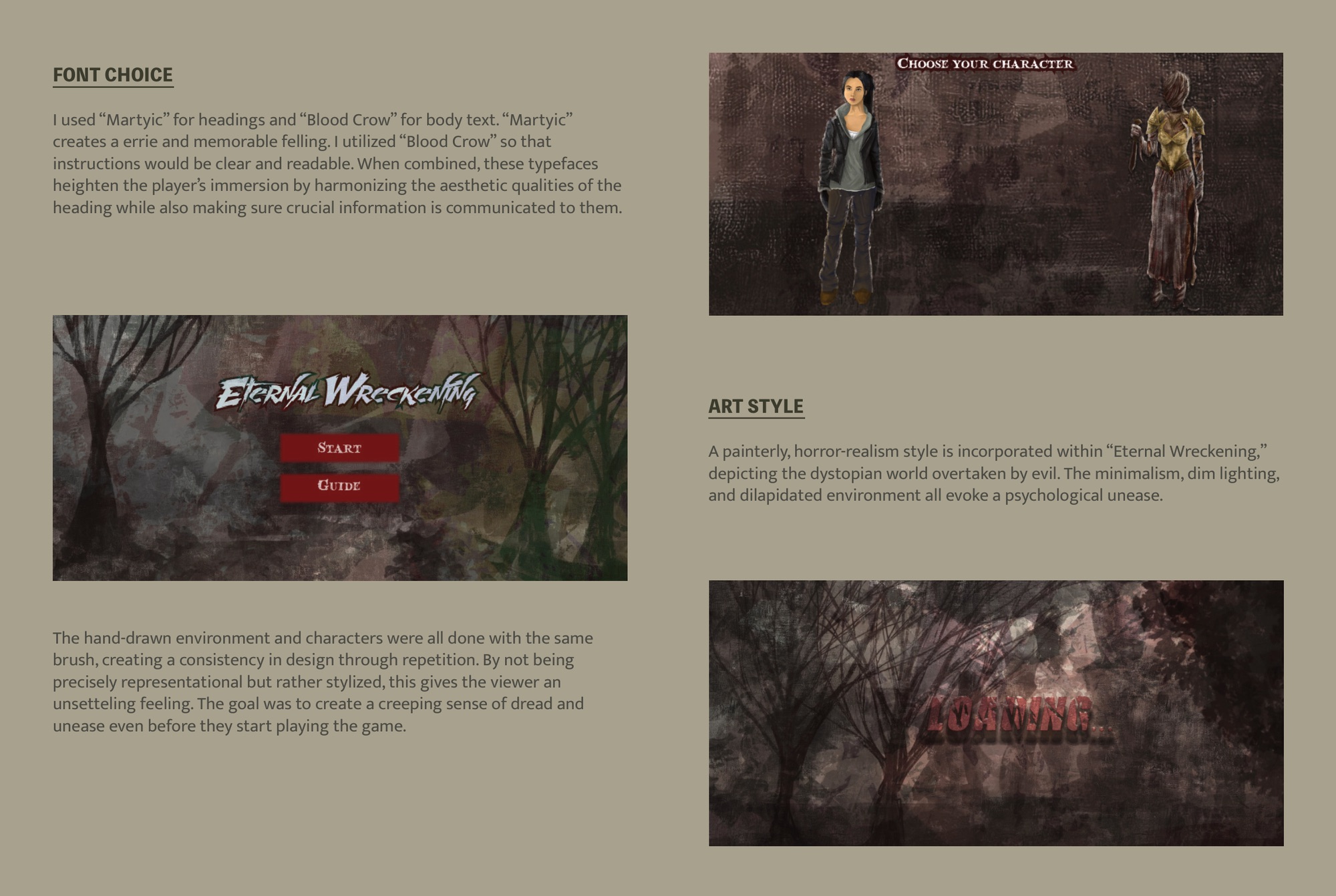 Typography: Martyric headings for atmosphere, Blood Crow body for legibility