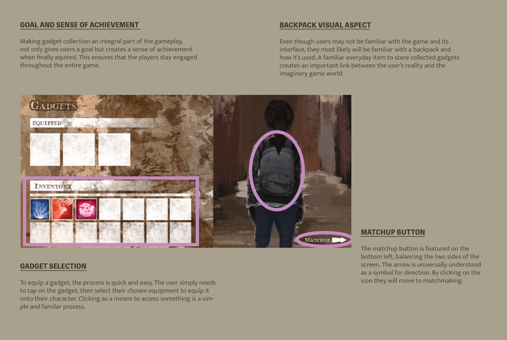 Gadget collection UI: backpack metaphor, matchup button, gadget selection flow