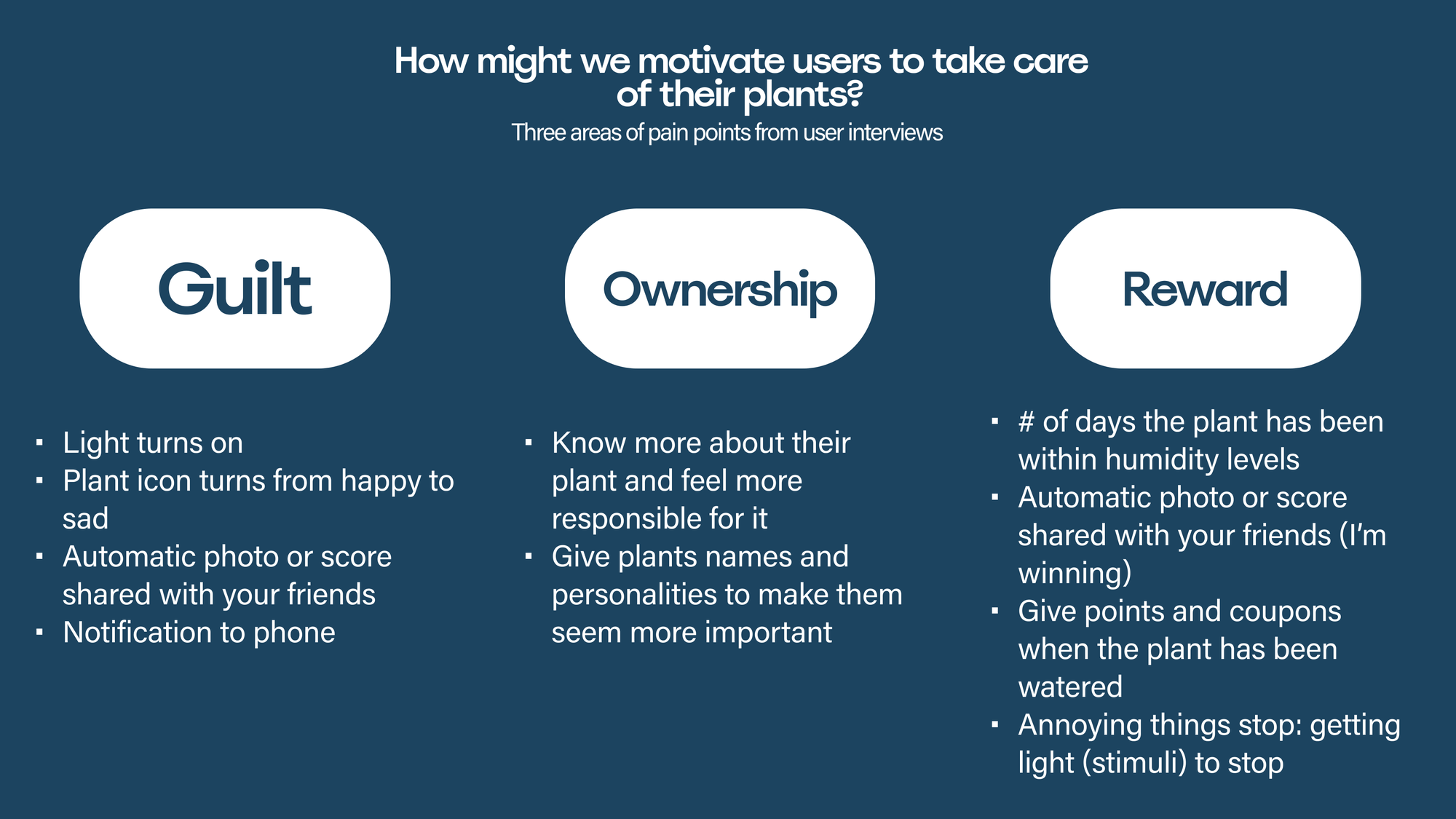 Three motivation arcs: Guilt, Ownership, Reward
