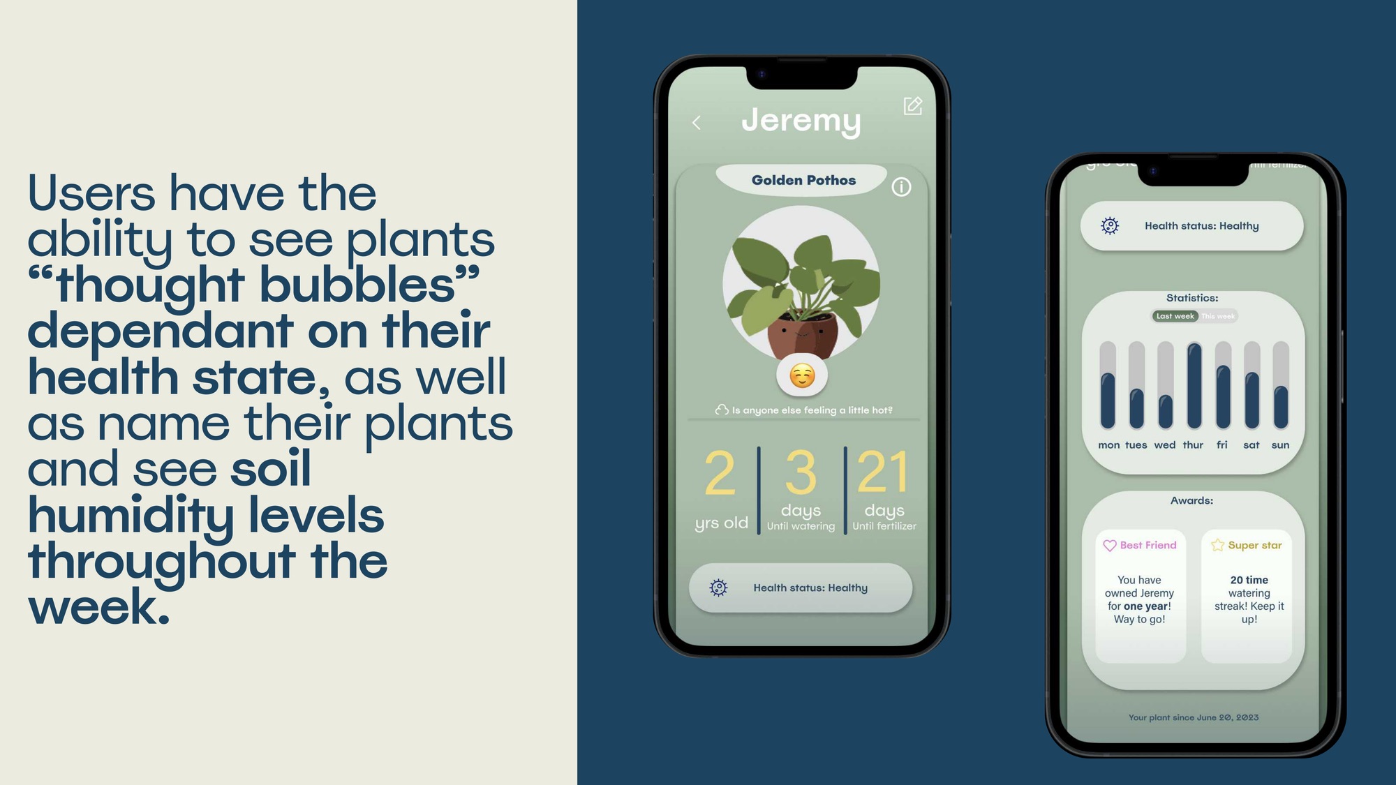 App UI: plant thought bubbles and mood-based personality states