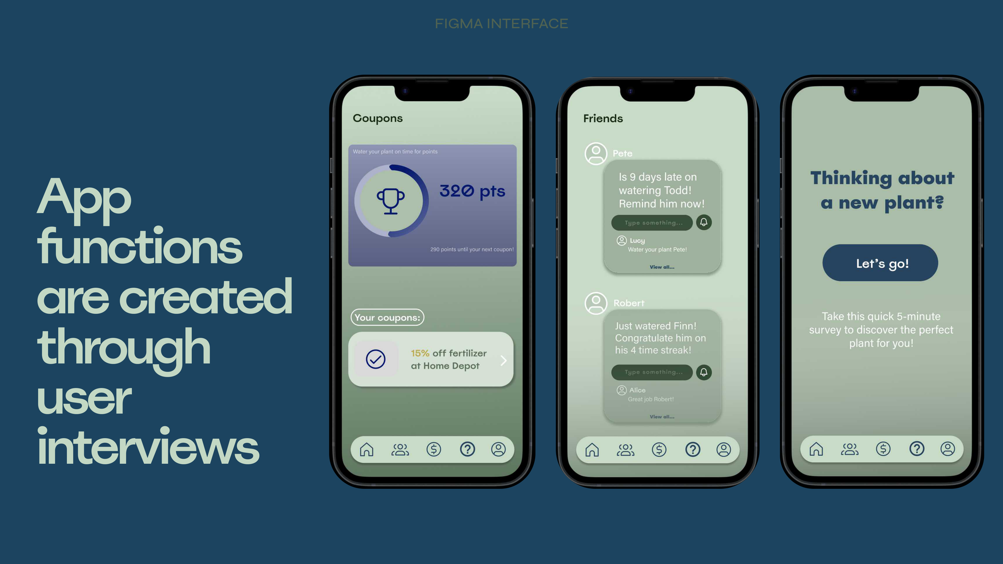 Figma hi-fi screens: Water Today, Plant Detail with awards, Friends feed, Coupons