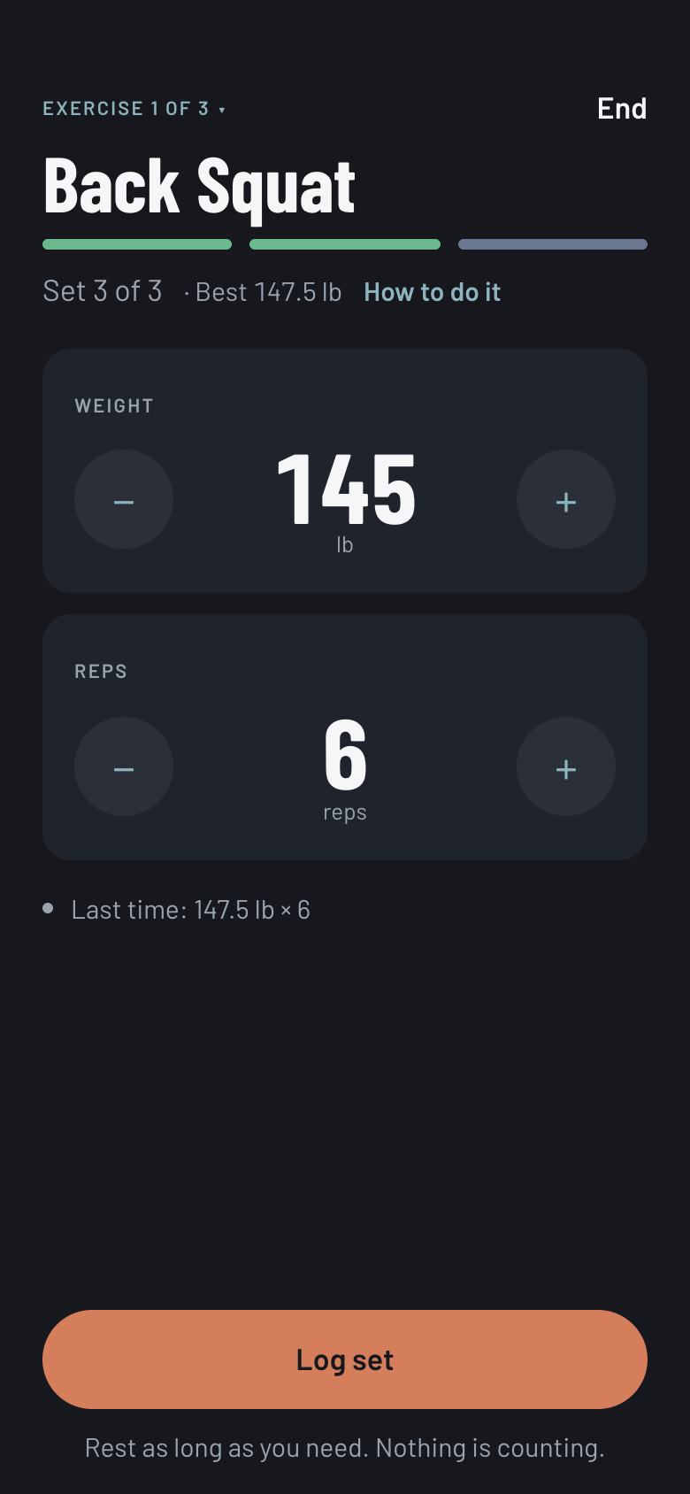 Logging a set: weight and reps steppers, last time's numbers, and a Log set button