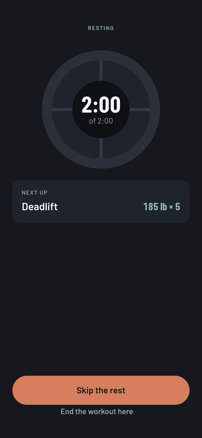 Rest timer: a 2:00 ring, what is next up, and a Skip the rest button