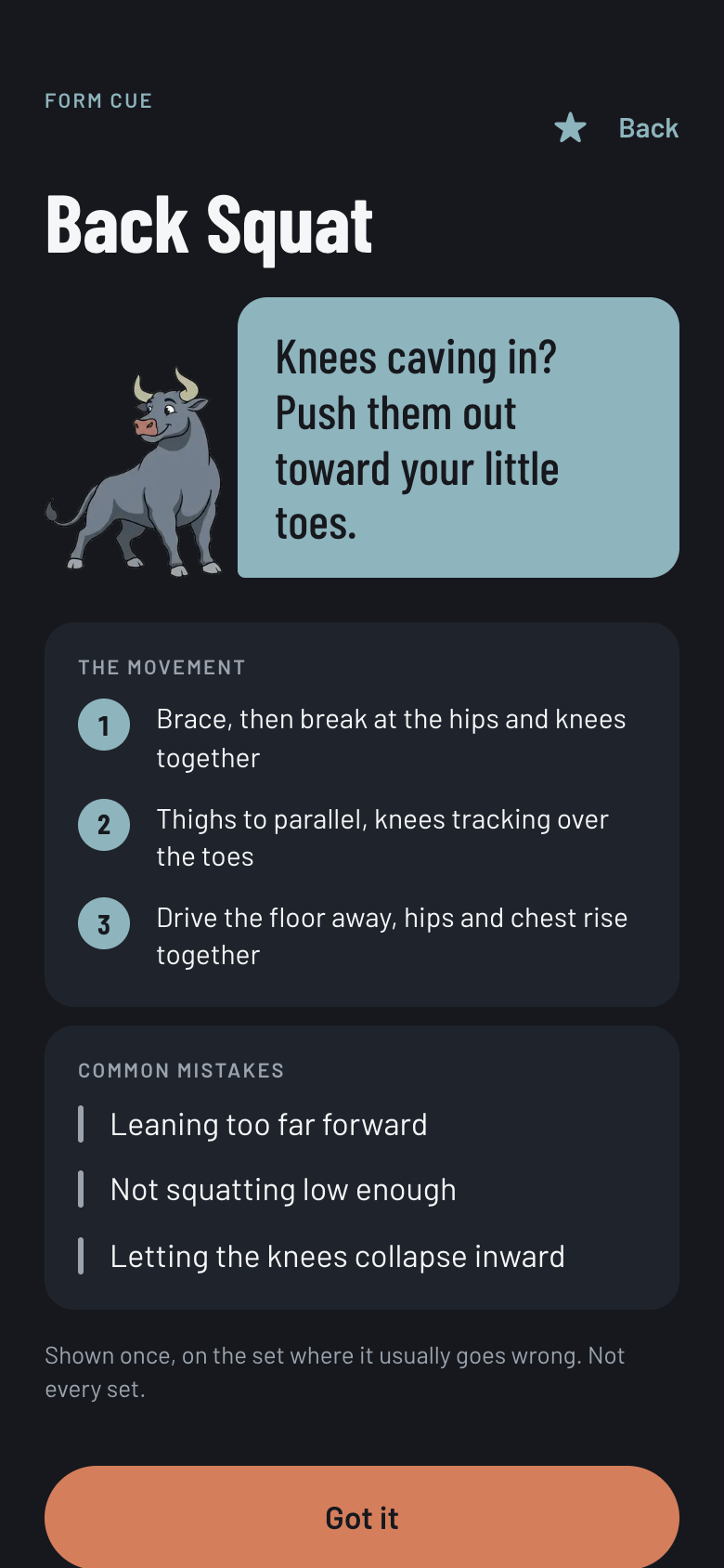 Form cue screen: the bull with a speech bubble about knees caving in, above movement steps and common mistakes