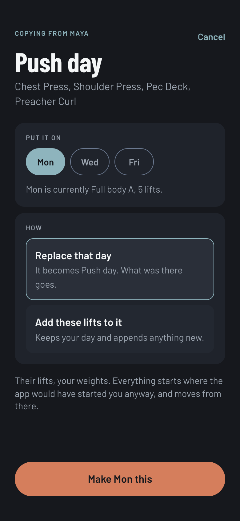 Copying a friend's Push day into your own week: their lifts, your weights