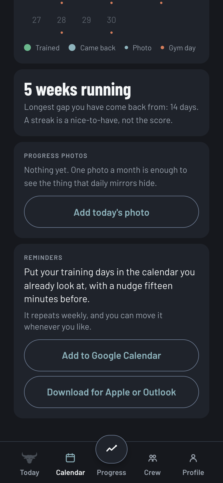 Calendar: five weeks running, progress photos, and buttons to add training days to Google Calendar or Apple and Outlook