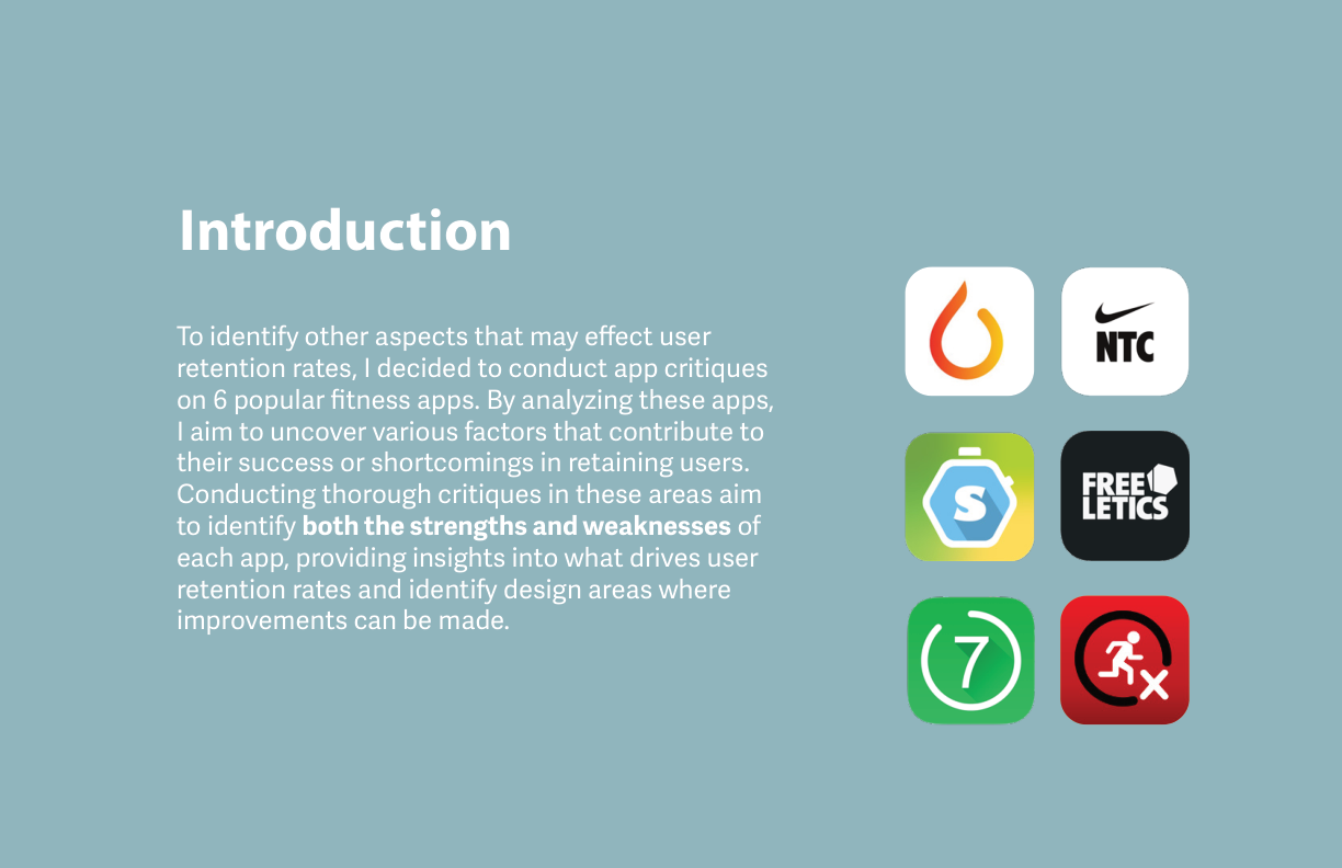 Desk research intro: 6 fitness app icons: Strava, NTC, Sworkit, Freeletics, 7min, RunAway