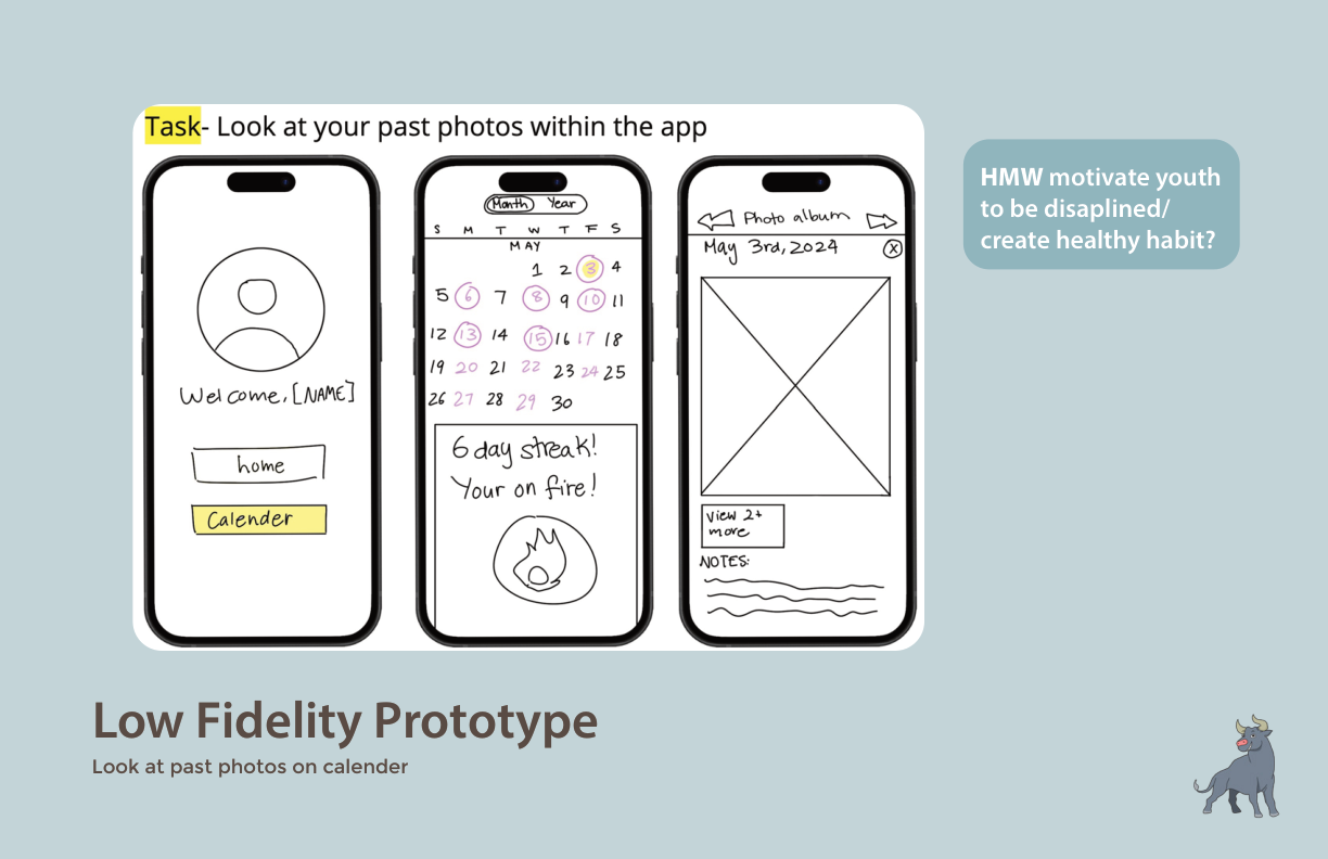 Lo-fi prototype: calendar streak view and photo album for past workout photos