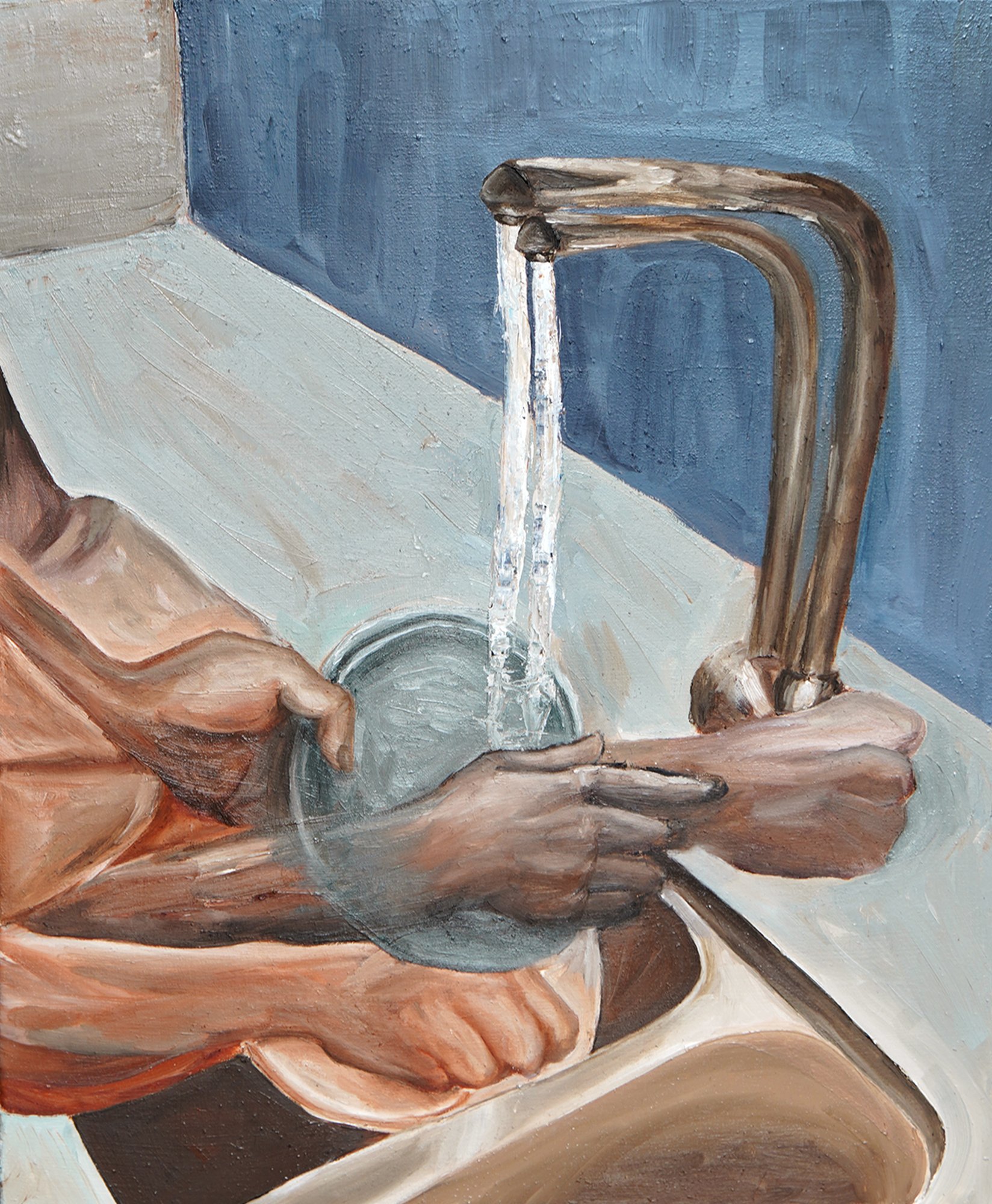Arrested Motion: oil on canvas, hands washing dishes