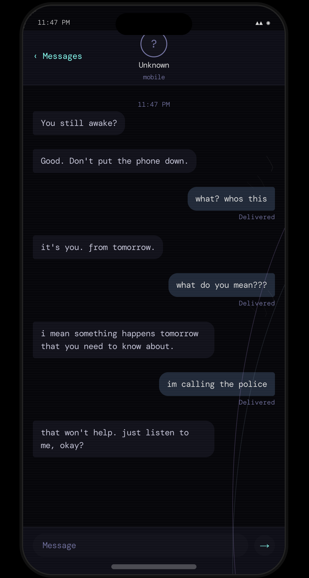 LOOP: narrative phone-simulation game, a midnight text thread with an unknown number claiming to be you 24 hours in the future