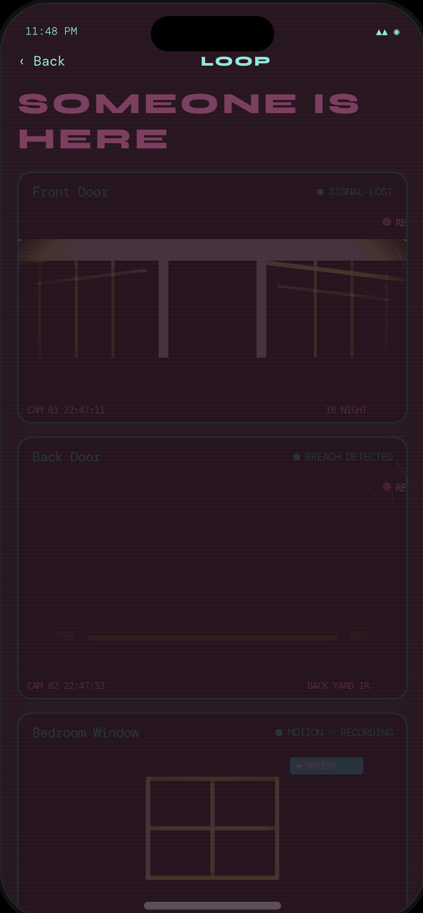 Ending C — SOMEONE IS HERE: camera app turns deep red, Front Door shows SIGNAL LOST, Back Door shows BREACH DETECTED, Bedroom Window shows MOTION — RECORDING