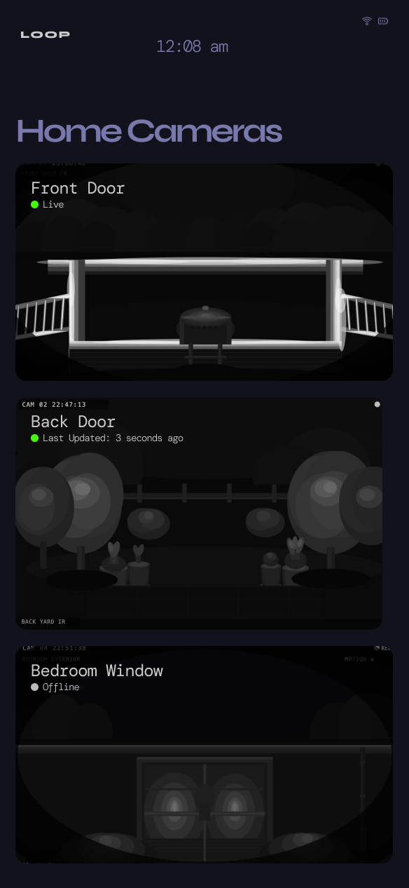 LOOP Home Cameras screen: Front Door live, Back Door infrared night vision, Bedroom Window offline with a MOTION alert in red