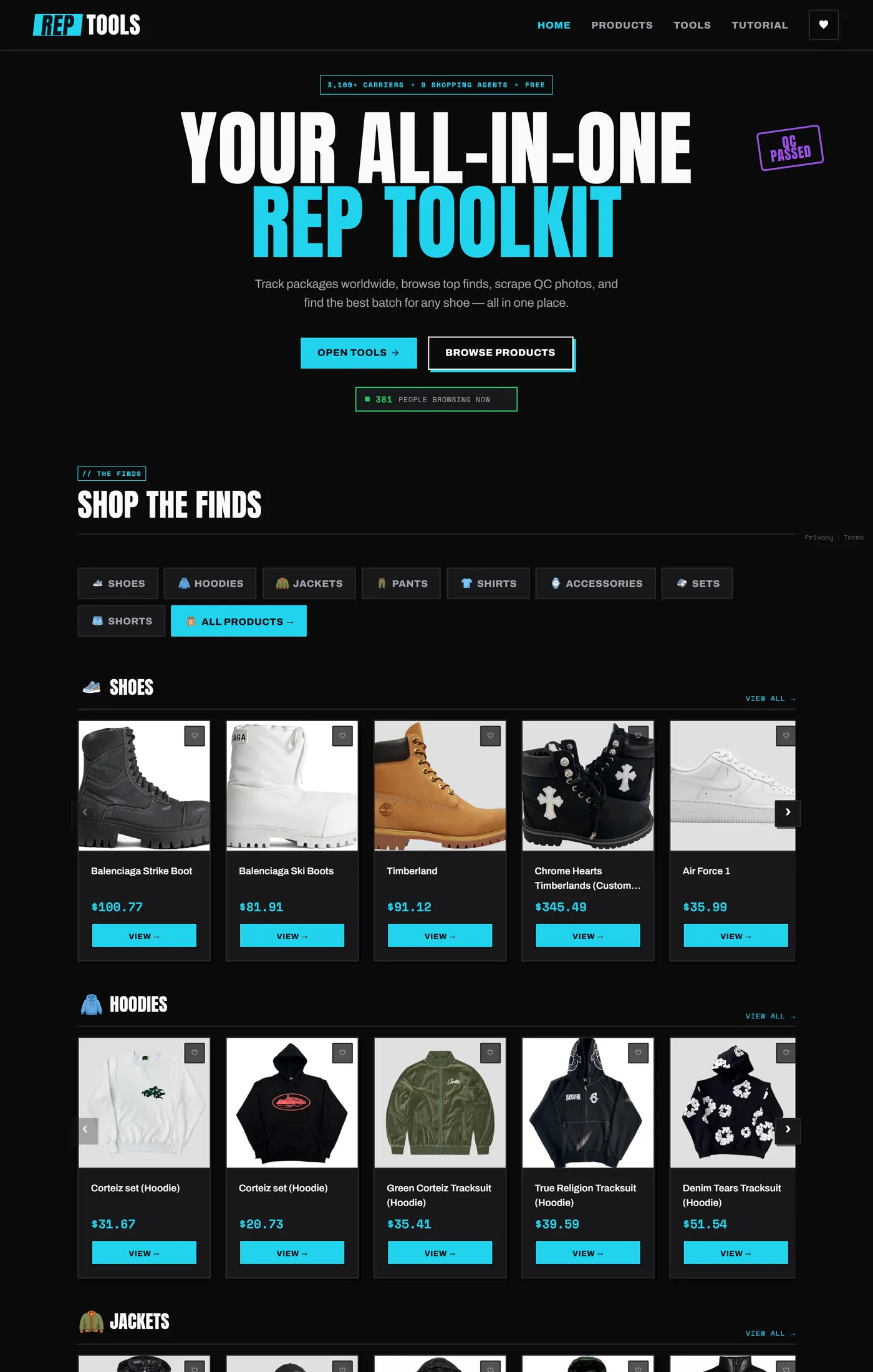 rep.tools homepage after the redesign: oversized condensed headline and a browsable product catalogue