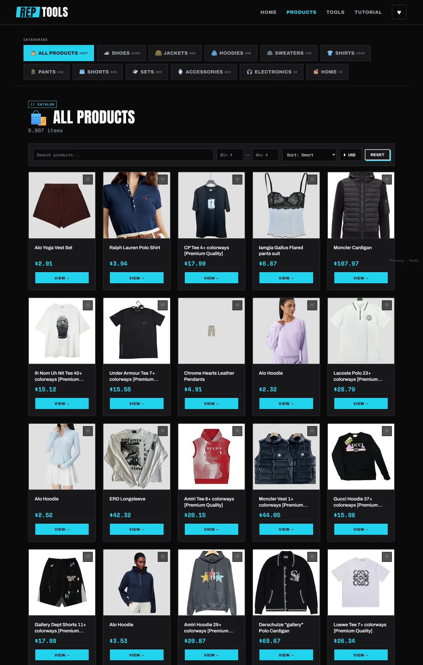 After: categories as a counted top bar, a five-column grid, and search, price, sort and currency controls