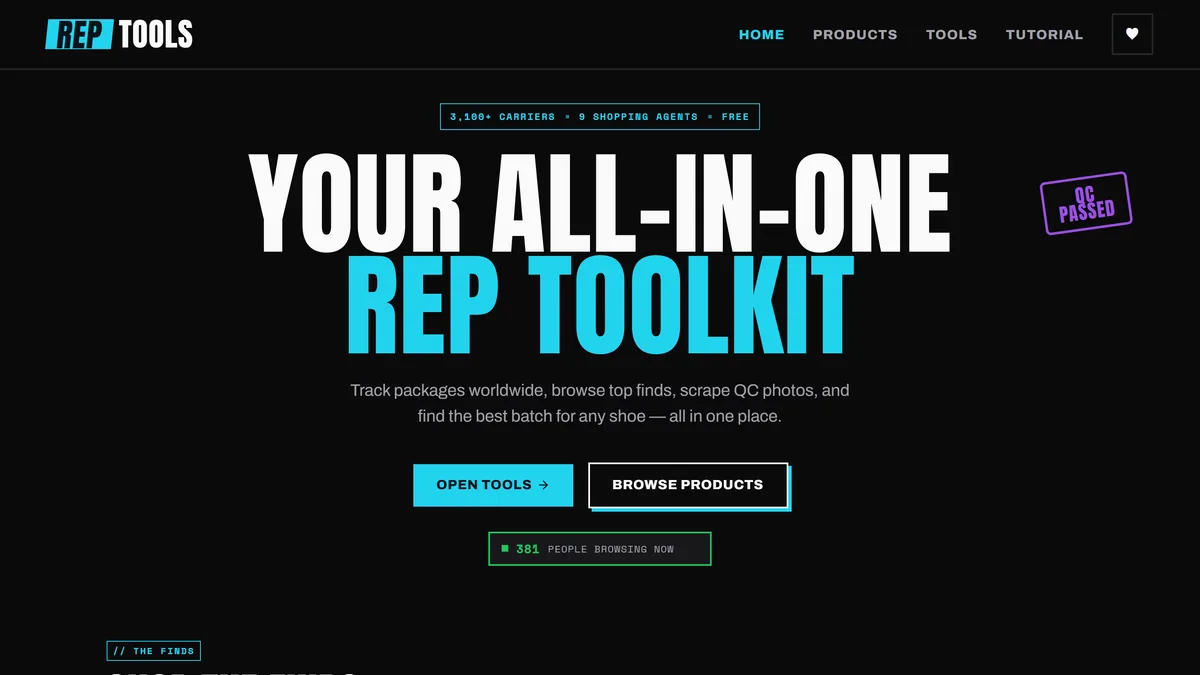 rep.tools: brand and UX redesign, condensed cyan headline over a product catalogue