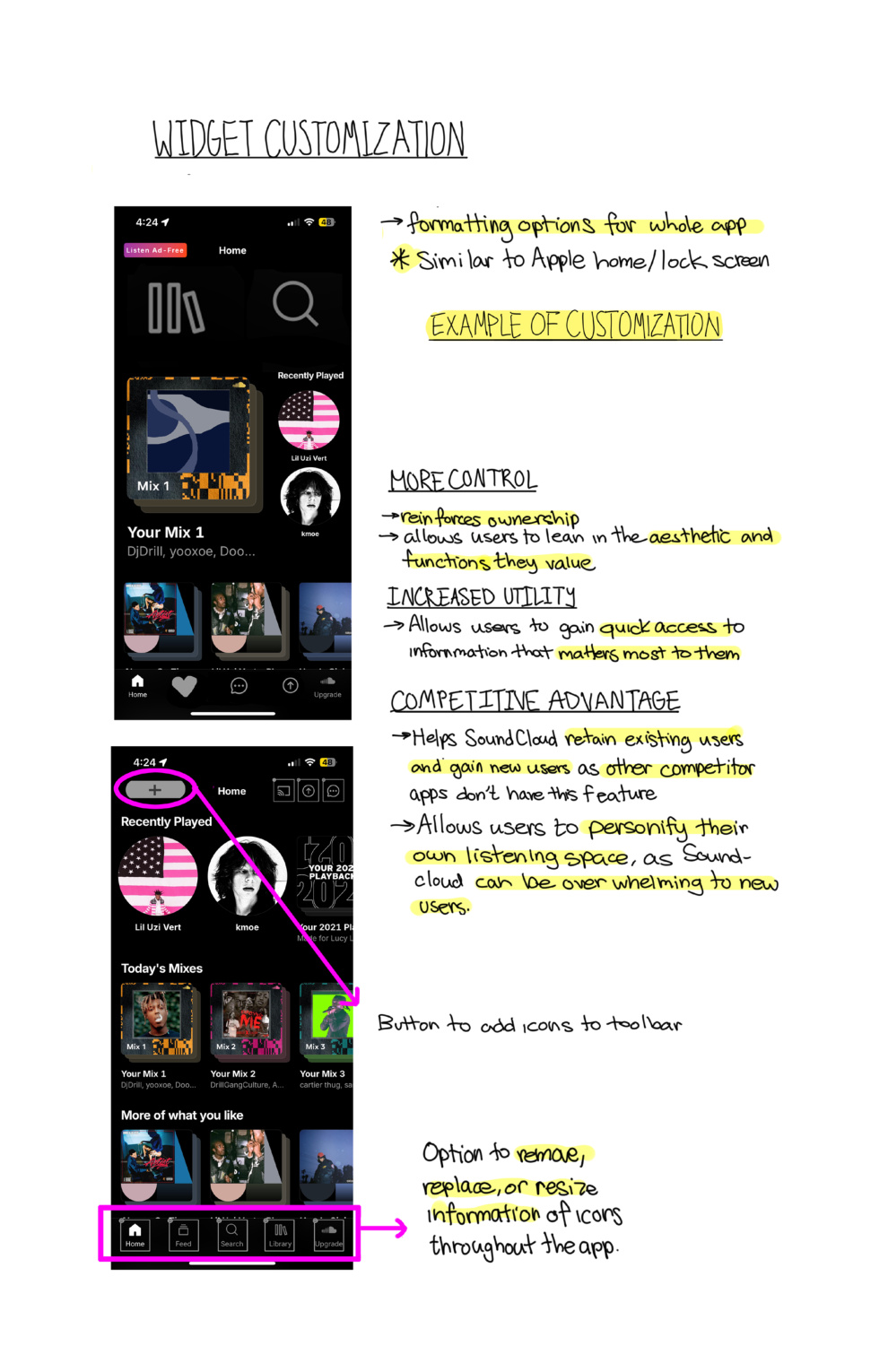 Page 2: widget customization, more control, increased utility, competitive advantage