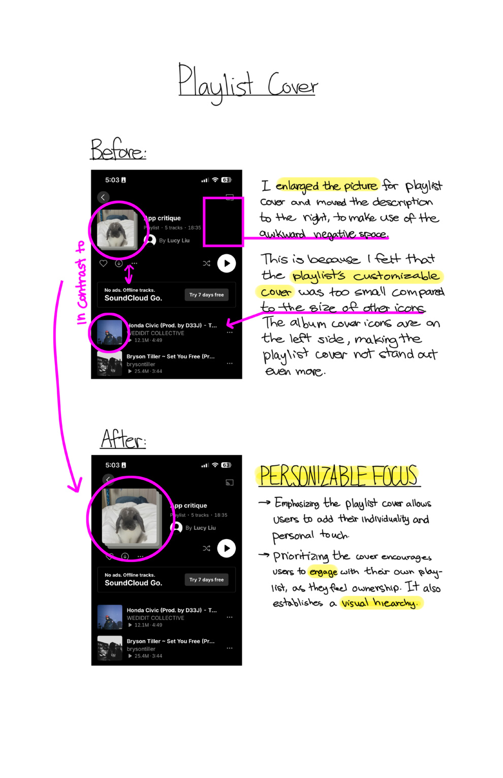 Page 4: playlist cover before/after with user-controlled art