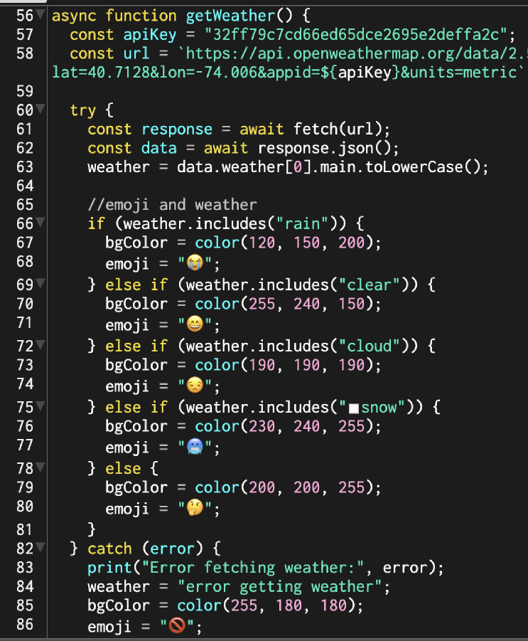 getWeather() function: OpenWeatherMap fetch, condition extraction, emoji and color assignment